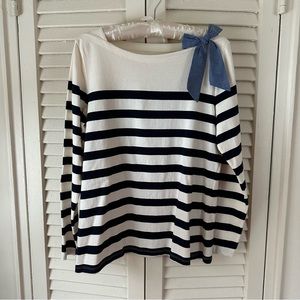 NWOT Talbots Striped Boat Neck Navy Blue & White Long Sleeve with Shoulder Bow